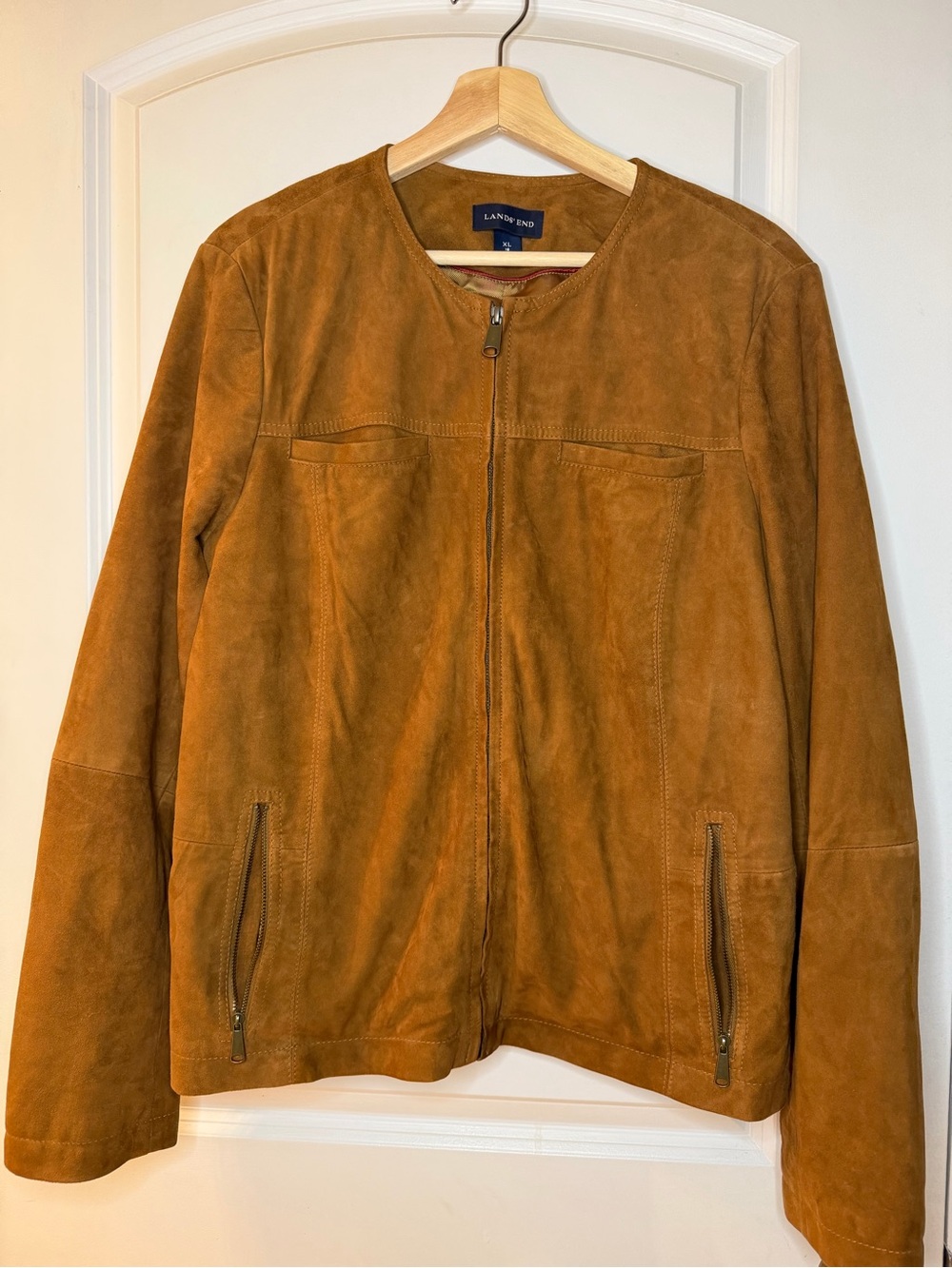 Lands' End Women's Suede Zip-Front Jacket in Cognac, size XL